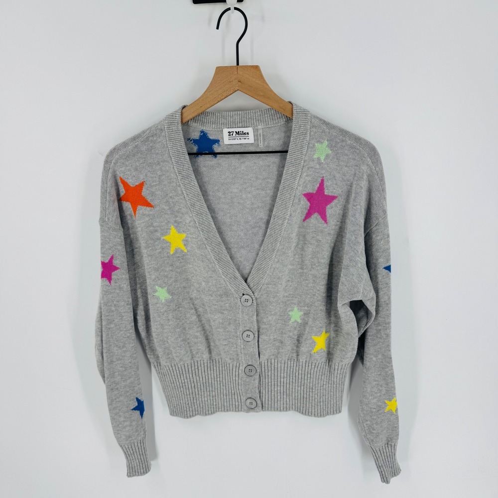 27 Miles Gray Knit Star Print Cardigan Size S Whimsical Boutique Indie Celestial